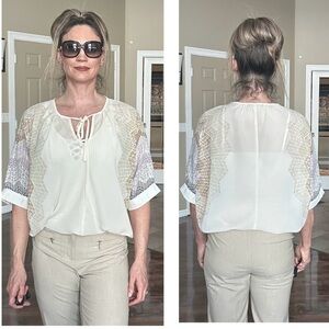 Madison Paige cream web sleeve bat wing front tie blouse semi sheer Sz L